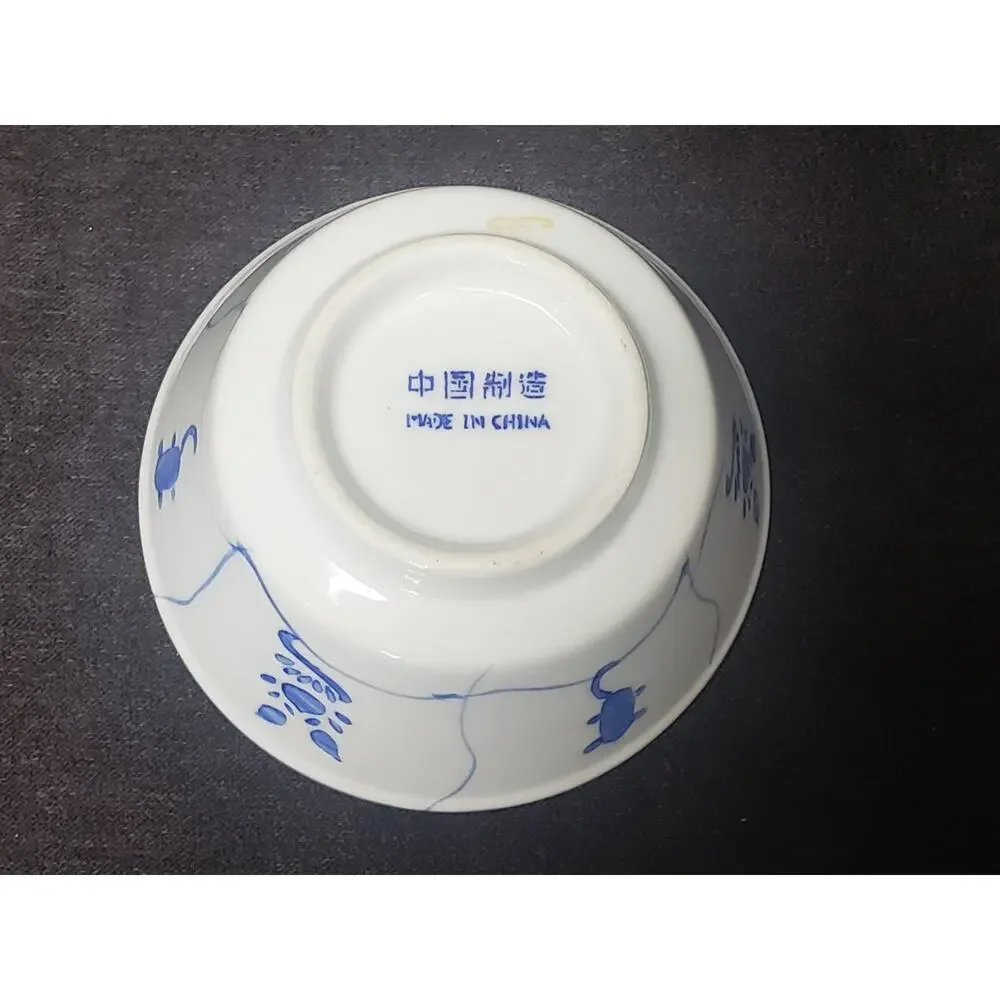 Vintage Rare Mid Century Chinese Blue White Floral Porcelain Rice Noodle Bowl